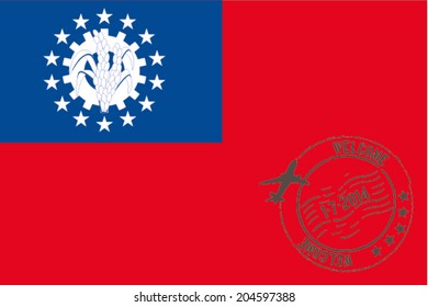 Grunge welcome rubber stamp with date on the flag of Myanmar