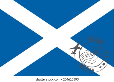 Grunge welcome rubber stamp with date on the flag of Scotland