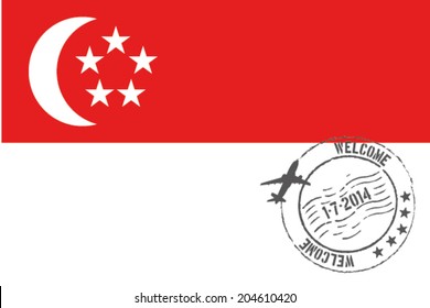 Grunge welcome rubber stamp with date on the flag of Singapore