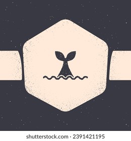 Grunge Whale tail in ocean wave icon isolated on grey background. Monochrome vintage drawing. Vector