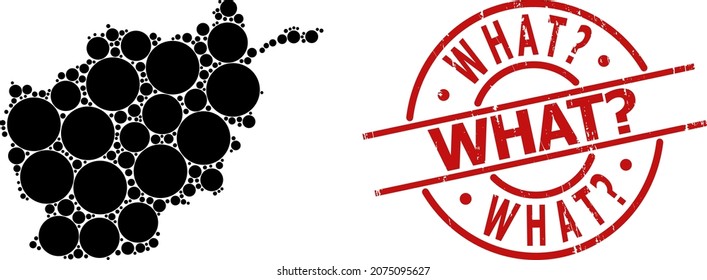 Grunge What Question stamp, and circle collage of Afghanistan map. Red round stamp seal includes What Question text inside circle. Afghanistan map collage is made with circle rotated items.