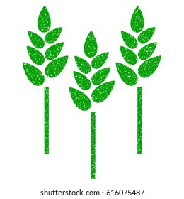 Grunge Wheat Ears rubber seal stamp watermark. Icon symbol with grunge design and dust texture. Unclean vector green emblem.