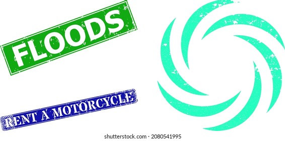 Grunge whirl rotation icon and rectangle dirty Floods seal. Vector green Floods and blue Rent a Motorcycle imprints with scratched rubber texture, designed for whirl rotation illustration.