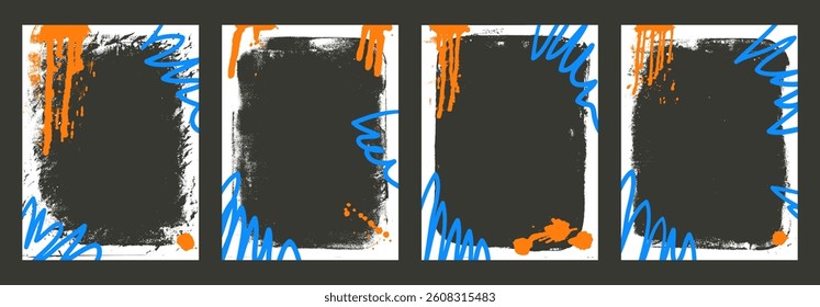 Grunge white blank sticker set. Frame creative templates with graffiti art. Mockup backgrounds for photo and text. Border box with airbrush lines. Vector banner overlay frameworks with retro texture.