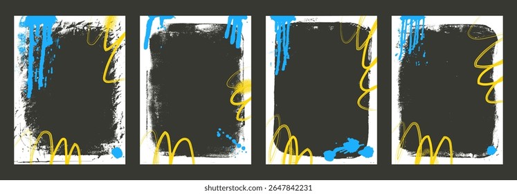 Grunge white blank sticker set. Frame templates with graffiti spread art. Mockup backgrounds for photo and text. Border with airbrush lines. Vector banner overlay frameworks with retro texture.