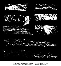 Grunge white chalk brush stroke set. Distress Artistic design elements. Big set of chalk brushes. Hand drawn lines and textures. Vector illustration.