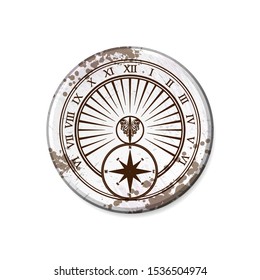 Grunge white circle board frame with sundial isolated on white background