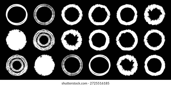 Grunge White circles brush set. Grunge round shapes. Texture stroke  circle black background. Circular ink brush stroke pro design elements. Vector illustration.	
