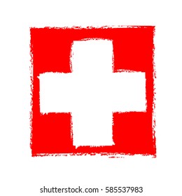 grunge white cross on red, vector icon