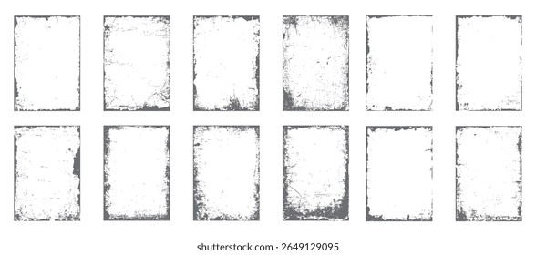 Grunge white frame border texture vector set. Distressed overlay collection with rough vintage edges for retro photo background and graphic design.
