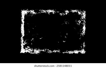 Grunge white frame with scratched rough edges. Vector overlay dirty paintbrush strokes rectangle border, spatter trace. Abstract old scratch textured lines. Messy chalk or ink splattered design