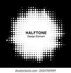 Grunge white halftone frame. Circle dots background. Spotted abstract texture. Grungy half tone spot. Logo design element. Vector illustration.