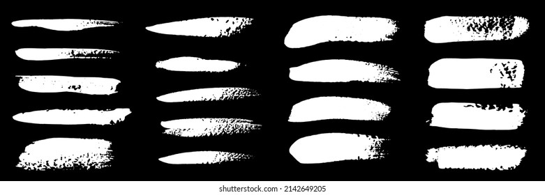 Grunge white paint brush stroke set vector illustration. Abstract handwritten brushstrokes with different textures, curve and rectangle scratches, grungy collection isolated on black background