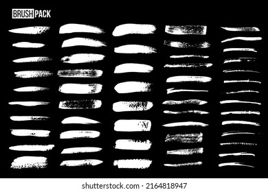 Grunge white paint brush stroke set vector illustration. Abstract handwritten brushstrokes with different textures, curve and rectangle scratches, grungy collection isolated on black background