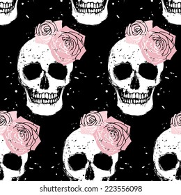 Grunge white skull and pink rose seamless pattern, vector horror background in grunge style for wrapping paper