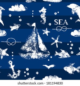 Grunge white stamp print sailboat, anchor, fishes, seagull on navy blue background seamless pattern, vector