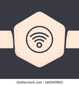 Grunge Wi-Fi wireless internet network symbol icon isolated on grey background. Monochrome vintage drawing. Vector Illustration