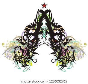Grunge wild tree with colorful floral splashes. The New Year's tree with a star created by the lion's heads and the heads of a dragon with decorative elements and colorful splashes