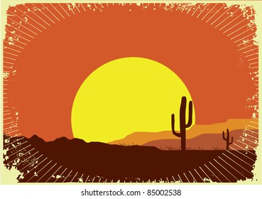 Grunge wild western background of sunset.Desert landscape with sun