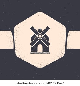 Grunge Windmill icon isolated on grey background. Monochrome vintage drawing. Vector Illustration