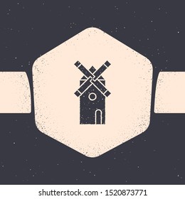 Grunge Windmill icon isolated on grey background. Monochrome vintage drawing. Vector Illustration