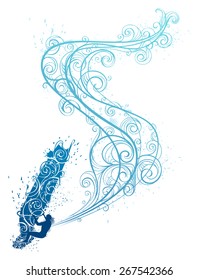 Grunge windsurfing illustration. Vector tropical illustration with ornate waves on white background.