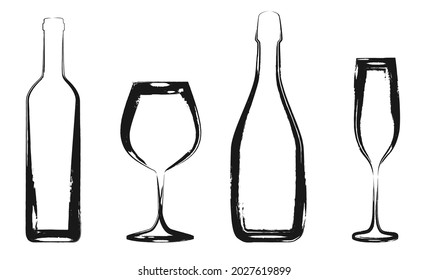 Grunge wine and champagne glasses and bottles icons isolated on a white background.