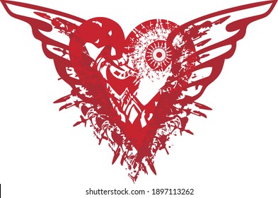 Grunge winged red heart on the white. Flaming romantic heart splashes for holidays and events, prints on T-shirts, postcards, tattoos, wallpaper, invitations, textiles, etc.