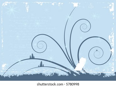 Grunge winter background with scrolls and snowflakes