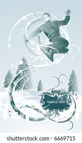 grunge winter background with snowboarder jumping,vector illustration