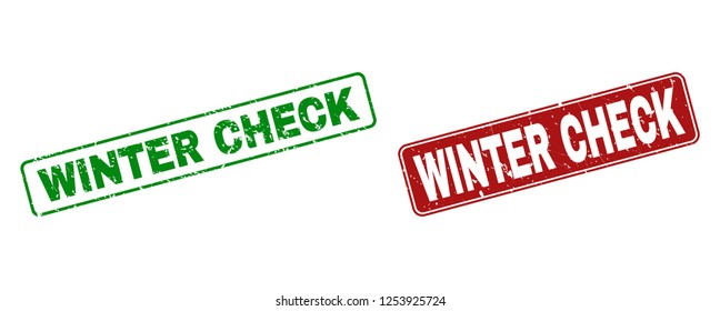 Grunge Winter Check stamp seals. Vector Winter Check rubber seal imitation in red and green colors. Text is placed inside rounded rectangle frames with grunge texture.