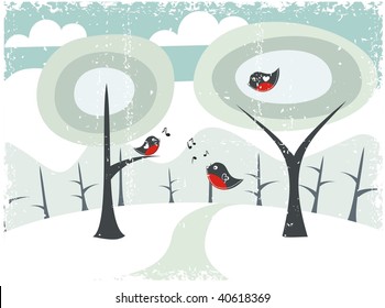 grunge winter landscape with birds