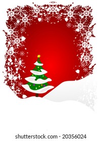 A grunge winter vector background illustration with a snow covered decorated tree on snowy hills with a red sky with room for text
