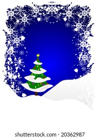 Ilustración de fondo vectorial de invierno granulado con un árbol decorado con nieve en colinas nevadas con un cielo azul con espacio para texto