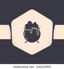 Grunge Witch cauldron icon isolated on grey background. Happy Saint Patricks day. Monochrome vintage drawing. Vector Illustration
