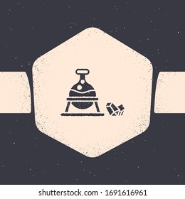 Grunge Witch cauldron and magic stone icon isolated on grey background. Monochrome vintage drawing. Vector Illustration