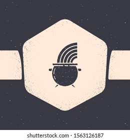 Grunge Witch cauldron and rainbow icon isolated on grey background. Happy Saint Patricks day. Monochrome vintage drawing. Vector Illustration