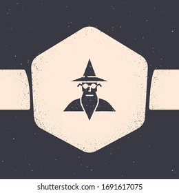 Grunge Wizard warlock icon isolated on grey background. Monochrome vintage drawing. Vector Illustration