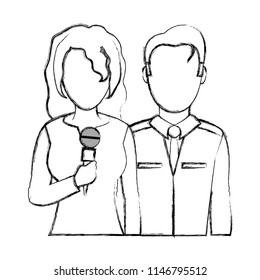 grunge woman and man partner reporters with microphone