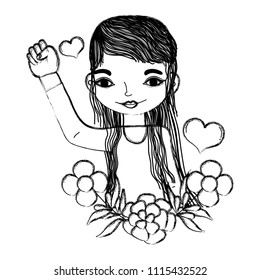 grunge woman with protest hand up and flowers leaves