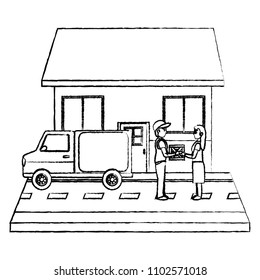 grunge woman receiving delivery package front a house
