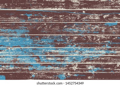 Grunge wood overlay horizontal texture. Vector illustration background in brown and blue, horizontal format. Natural rustic distressed backdrop.