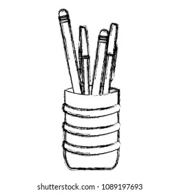 grunge wood pencils and pens inside metal glasses