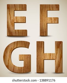 Grunge Wooden Alphabet Letters E, F, G, H. Vector