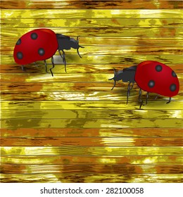 Grunge wooden background with ladybirds