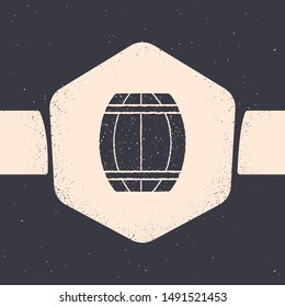 Grunge Wooden barrel icon isolated on grey background. Alcohol barrel, drink container, wooden keg for beer, whiskey, wine. Monochrome vintage drawing. Vector Illustration