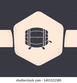 Grunge Wooden barrel on rack with stopcock icon isolated on grey background. Monochrome vintage drawing. Vector Illustration