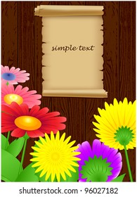 Grunge wooden board with flowers and old scroll