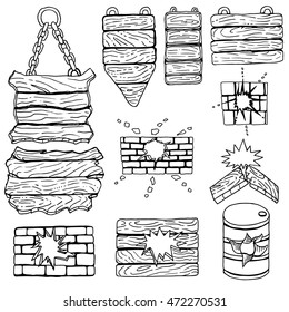 grunge wooden plank, brick wall. Vector illustration