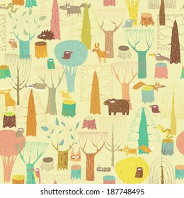 Grunge Woodland Animals seamless pattern in colors is hand drawn grunge illustration of forest animals. Illustration is in eps8 vector mode, background on separate layer. 